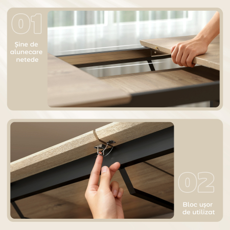  Masa de Dining Extensibila pentru 6-8 Persoane cu Panouri Ascunse, Masa Extensibila Dreptunghiulara cu Baza din Otel, Stil Industrial, pentru Sufragerie, Culoare Lemn [5]