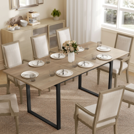  Masa de Dining Extensibila pentru 6-8 Persoane cu Panouri Ascunse, Masa Extensibila Dreptunghiulara cu Baza din Otel, Stil Industrial, pentru Sufragerie, Culoare Lemn [1]
