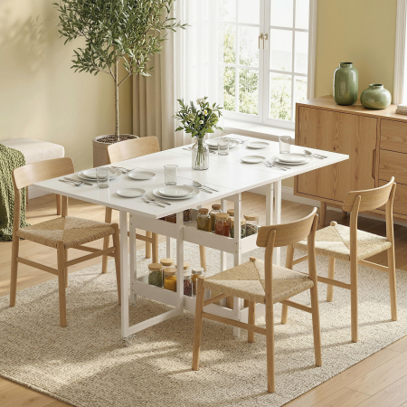 , Masa de Dining Pliabila, Cu 2 Rafturi Deschise, PAL, Metal, 133.4cm x 80cm x 75cm, Alb [1]