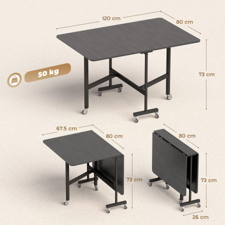  Masa de Dining Pliabila, Masa de Bucatarie Rabatabila cu Roti si Frane pentru 4-6 Persoane, Masa Compacta cu Structura din Otel, 120x80x73 cm, Negru cu Efect de Lemn [2]
