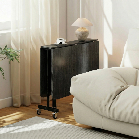  Masa de Dining Pliabila, Masa de Bucatarie Rabatabila cu Roti si Frane pentru 4-6 Persoane, Masa Compacta cu Structura din Otel, 120x80x73 cm, Negru cu Efect de Lemn [8]