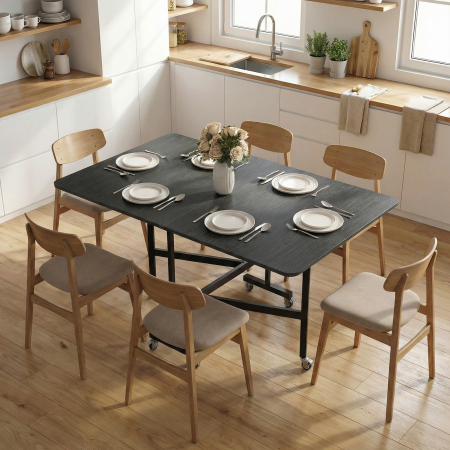  Masa de Dining Pliabila, Masa de Bucatarie Rabatabila cu Roti si Frane pentru 4-6 Persoane, Masa Compacta cu Structura din Otel, 120x80x73 cm, Negru cu Efect de Lemn [1]