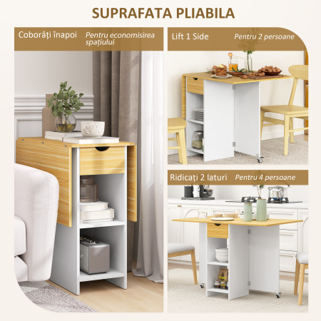  Masa de dining pliabila pentru 2-4 persoane cu 2 extensii, sertar si rafturi, stejar [3]