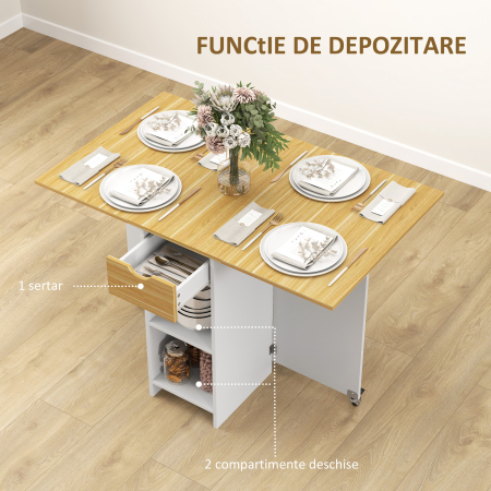  Masa de dining pliabila pentru 2-4 persoane cu 2 extensii, sertar si rafturi, stejar [4]