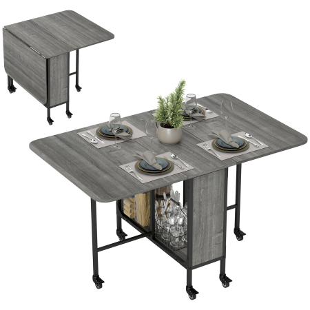 Bucatarie -  Masa de dining pliabila pentru maximum 6 persoane, cu raft, din lemn si metal, 130x80x74 cm, gri