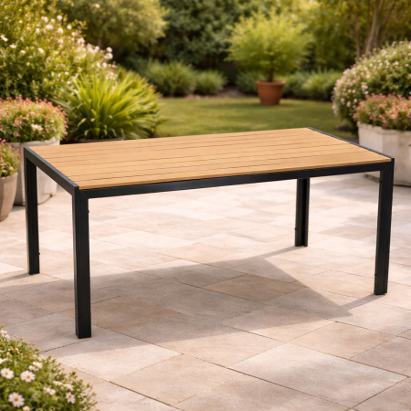 Gradina & balcon - Masa de gradina, cadru otel, blat polywood cu aspect lemn, 150x90x73 cm, negru si maro natur