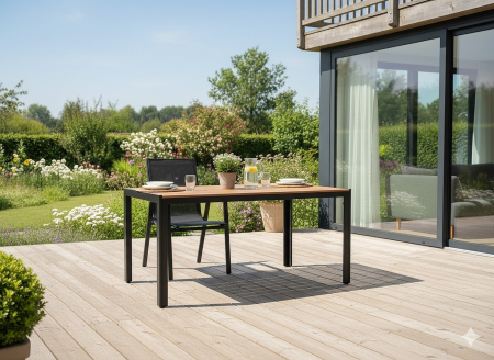 Masa de gradina, cadru otel, blat polywood cu aspect lemn, 150x90x73 cm, negru si maro natur [7]