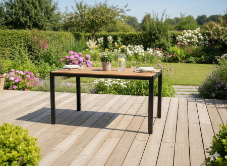 Masa de gradina, cadru otel, blat polywood cu aspect lemn, 150x90x73 cm, negru si maro natur [6]