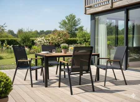 Masa de gradina, cadru otel, blat polywood cu aspect lemn, 150x90x73 cm, negru si maro natur [8]