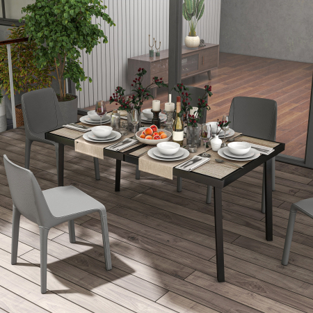  Masa de Gradina cu Blat Efect Lemn din Plastic, 145x85 cm pentru 6 Persoane, Masa de Exterior Dreptunghiulara, Picioare din Otel, pentru Terasa, Balcon, Gri [6]