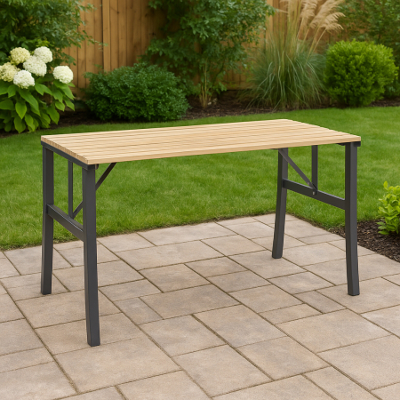 Masa de gradina cu cadru metalic si blat din lemn impregnat, 120x60x71 cm, natur [4]