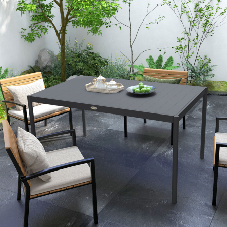  Masa de Gradina cu Lamele, Dimensiuni 145x90 cm, Masa de Dining pentru 6 Persoane, Rectangulara, din Aluminiu si Otel, pentru Curte, Terasa, Balcon si Exterior, Gri inchis [7]