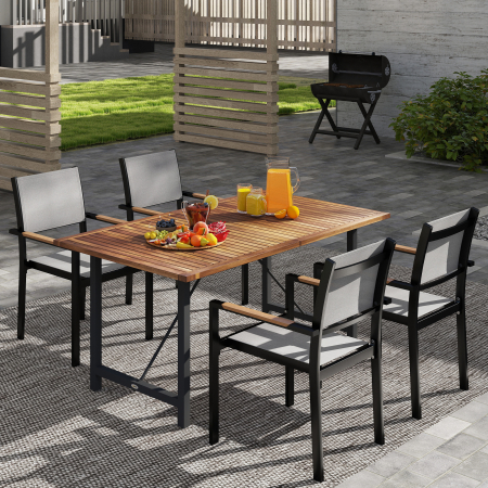  Masa de Gradina din Lemn de Salcam si Otel cu Blat din sipci, 160x90x75 cm, Lemn Natural [6]