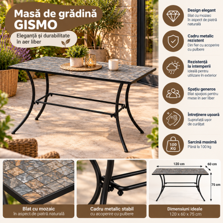 Masa de gradina dreptunghiulara cu blat decorativ din mozaic cu aspect de piatra naturala, cadru metalic din fier vopsit pentru stabilitate si reziste [6]