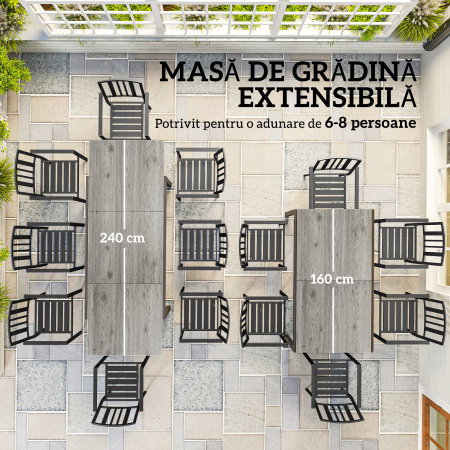  Masa de Gradina Extensibila de 160-240 cm pentru 6-8 Persoane Rectangulara din Otel si Aluminiu, Efect Lemn [3]