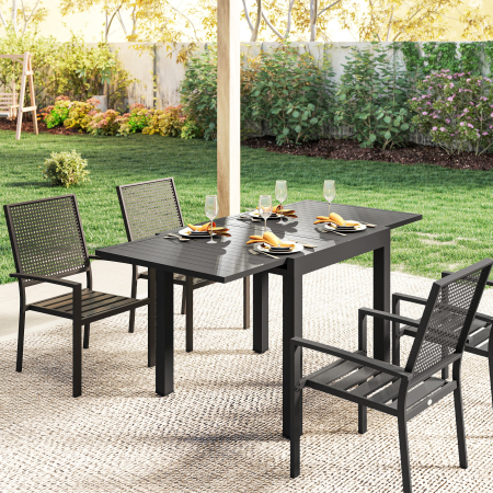  Masa de Gradina Extensibila pentru 4-6 Persoane 80/160x80 cm, Masa de Pranz pentru Exterior din Aluminiu cu Blat Lamelar, pentru Terasa, Balcon, Negru [8]