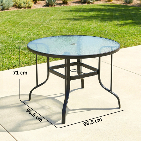  Masa de Gradina Rotunda cu Orificiu pentru Umbrela, din Metal si Sticla Temperata, Ø96,5x71 cm, Neagra [2]