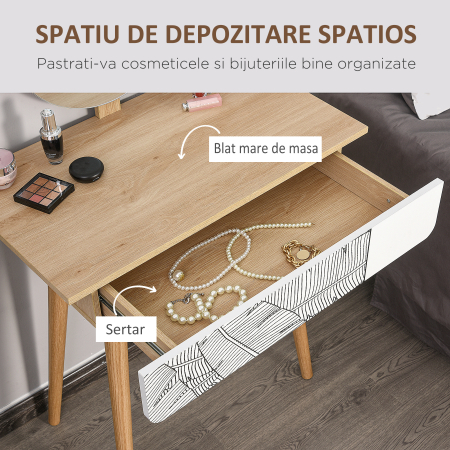  Masa de Machiaj - Alb & Stejar, Oglinda Rotunda & Sertar [4]