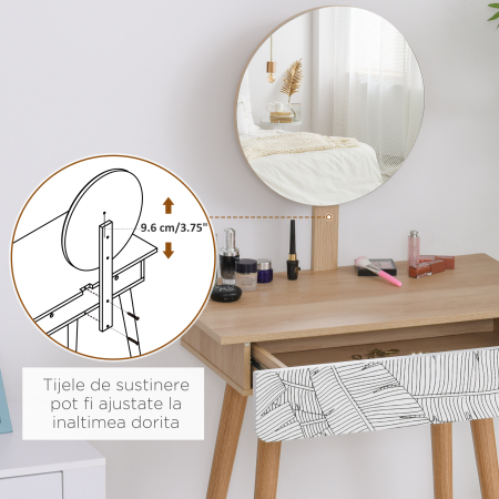  Masa de Machiaj - Alb & Stejar, Oglinda Rotunda & Sertar [3]