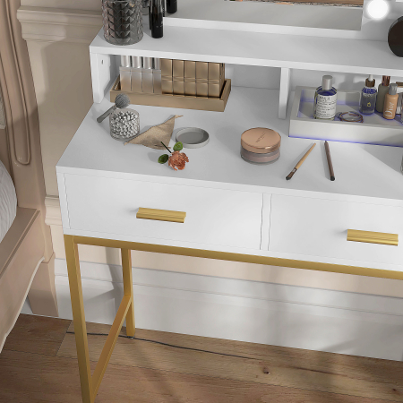  Masa de Machiaj cu Oglinda LED si Scaun, 2 Sertare, 5 Rafturi, pentru Baie, Alb [8]