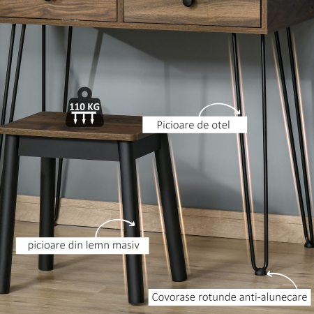  Masa de Machiaj in Stil Industrial, Set Masa de Toaleta cu Taburet si Oglinda de Machiaj, Postatie de Machiaj din Lemn si Metal pentru camera [5]