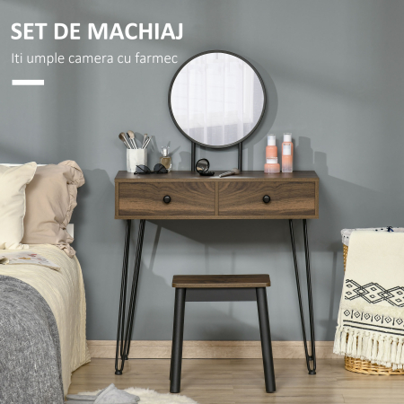  Masa de Machiaj in Stil Industrial, Set Masa de Toaleta cu Taburet si Oglinda de Machiaj, Postatie de Machiaj din Lemn si Metal pentru camera [3]