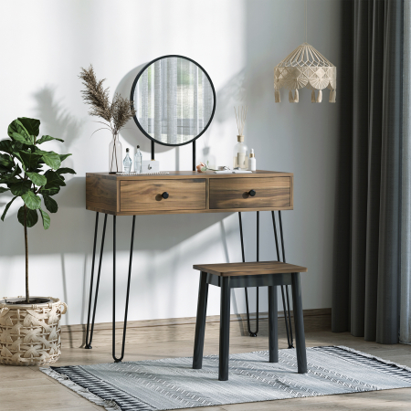  Masa de Machiaj in Stil Industrial, Set Masa de Toaleta cu Taburet si Oglinda de Machiaj, Postatie de Machiaj din Lemn si Metal pentru camera [8]