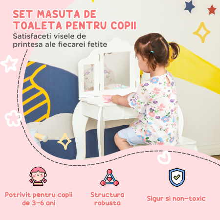 Masa de Machiaj  pentru Copii cu Scaunel si Oglinda Tripla, din Lemn si Acrilic, 63x40x85.5 cm, Alba [3]