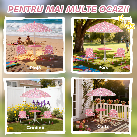  Masa de Picnic pentru Copii, Set Masa si Scaune cu 2 Scaune Pliabile si Umbrela Detasabila, Tema Jungla, Mobilier de Exterior pentru Gradina, Patio, Roz [6]