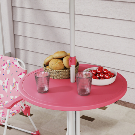  Masa de Picnic pentru Copii, Set Masa si Scaune cu 2 Scaune Pliabile si Umbrela Detasabila, Tema Jungla, Mobilier de Exterior pentru Gradina, Patio, Roz [7]