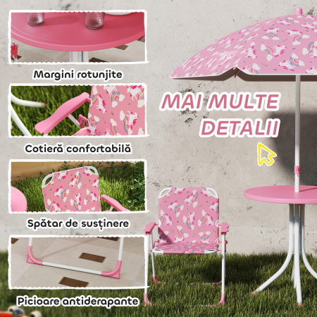  Masa de Picnic pentru Copii, Set Masa si Scaune cu 2 Scaune Pliabile si Umbrela Detasabila, Tema Jungla, Mobilier de Exterior pentru Gradina, Patio, Roz [5]