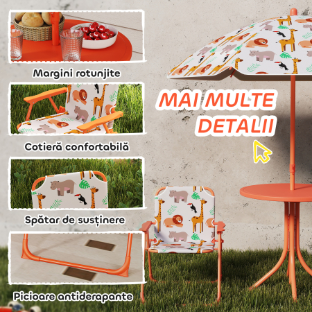  Masa de Picnic pentru Copii, Set Masa si Scaune cu 2 Scaune Pliabile si Umbrela Detasabila, Tematica Jungla, Mobilier de Exterior pentru Gradina, Patio, Portocaliu [5]
