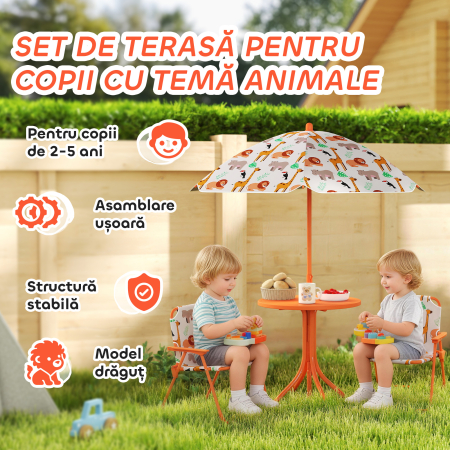  Masa de Picnic pentru Copii, Set Masa si Scaune cu 2 Scaune Pliabile si Umbrela Detasabila, Tematica Jungla, Mobilier de Exterior pentru Gradina, Patio, Portocaliu [3]