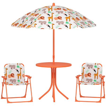 Seturi mobilier -  Masa de Picnic pentru Copii, Set Masa si Scaune cu 2 Scaune Pliabile si Umbrela Detasabila, Tematica Jungla, Mobilier de Exterior pentru Gradina, Patio, Portocaliu