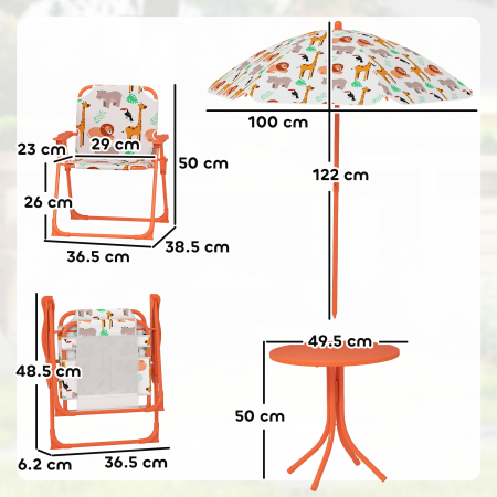  Masa de Picnic pentru Copii, Set Masa si Scaune cu 2 Scaune Pliabile si Umbrela Detasabila, Tematica Jungla, Mobilier de Exterior pentru Gradina, Patio, Portocaliu [2]