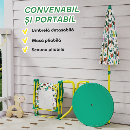  Masa de Picnic pentru Copii, Set Masa si Scaune cu Umbrela Verde [4]