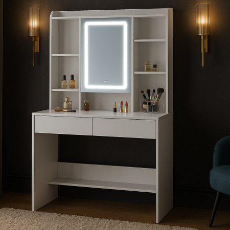 Dormitor & birou - Masa de toaleta cu oglinda, iluminare LED reglabila, 2 sertare, MDF, 90x40x145 cm, alb
