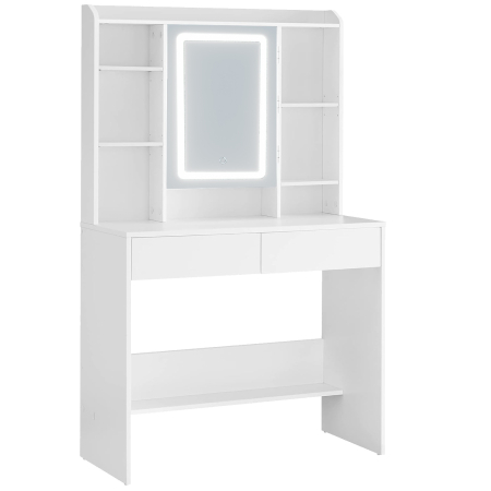 Masa de toaleta cu oglinda, iluminare LED reglabila, 2 sertare, MDF, 90x40x145 cm, alb [2]