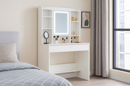 Masa de toaleta cu oglinda, iluminare LED reglabila, 2 sertare, MDF, 90x40x145 cm, alb [4]