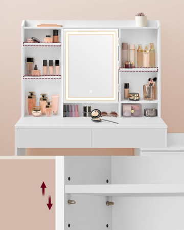 Masa de toaleta cu oglinda, iluminare LED reglabila, 6 sertare, 118x40x145 cm, alb [3]