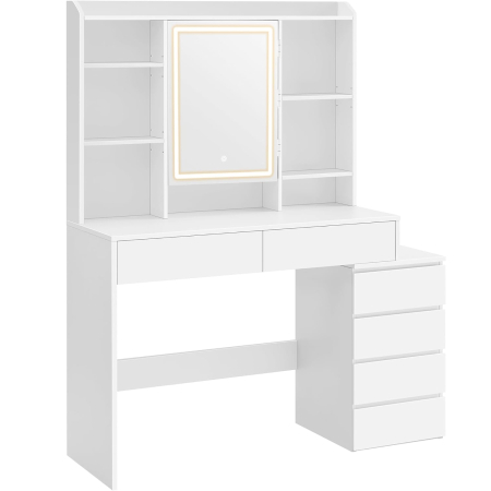 Masa de toaleta cu oglinda, iluminare LED reglabila, 6 sertare, 118x40x145 cm, alb [8]