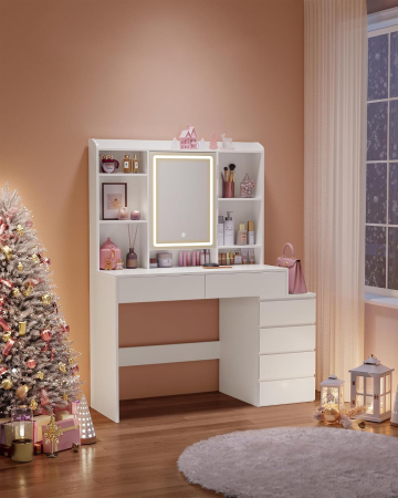 Masa de toaleta cu oglinda, iluminare LED reglabila, 6 sertare, 118x40x145 cm, alb [2]