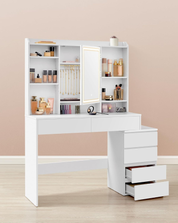 Masa de toaleta cu oglinda, iluminare LED reglabila, 6 sertare, 118x40x145 cm, alb [4]