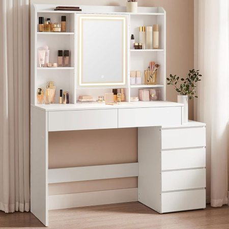 Mese toaleta si oglinzi - Masa de toaleta cu oglinda, iluminare LED reglabila, 6 sertare, 118x40x145 cm, alb