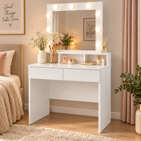 Dormitor & birou - Masa de toaleta cu oglinda LED pentru machiaj, iluminare cu 9 puncte LED si 3 temperaturi de culoare pentru lumina personalizata, 2 sertare pentru org