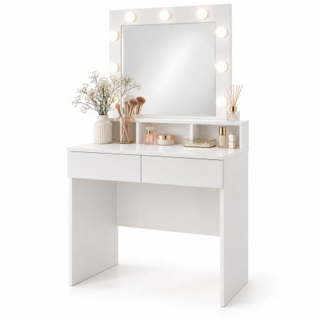Masa de toaleta cu oglinda LED pentru machiaj, iluminare cu 9 puncte LED si 3 temperaturi de culoare pentru lumina personalizata, 2 sertare pentru org [1]