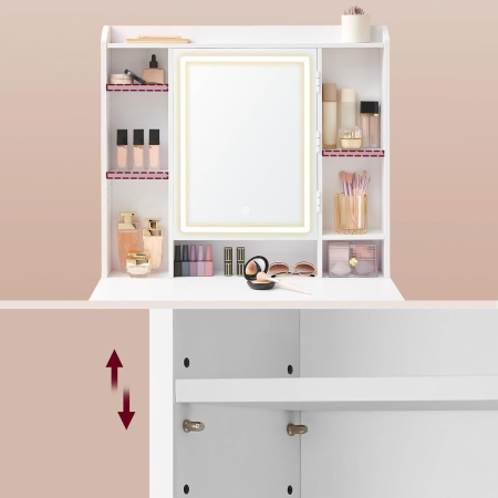 Masa de toaleta cu taburet si oglinda, iluminare LED reglabila, 6 sertare, 98x40x145 cm, alb [6]