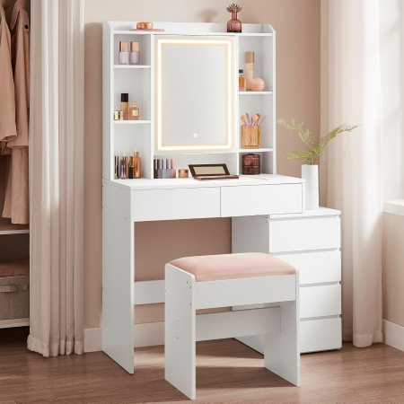 Mese toaleta si oglinzi - Masa de toaleta cu taburet si oglinda, iluminare LED reglabila, 6 sertare, 98x40x145 cm, alb