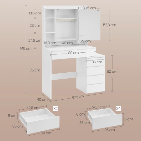 Masa de toaleta cu taburet si oglinda, iluminare LED reglabila, 6 sertare, 98x40x145 cm, alb [5]