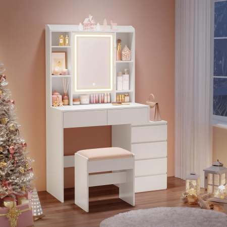 Masa de toaleta cu taburet si oglinda, iluminare LED reglabila, 6 sertare, 98x40x145 cm, alb [11]